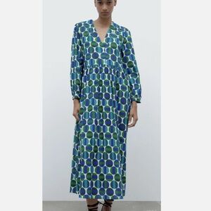 ZARA Printed Cotton Midi Dress 3/4 sleeve blue green XXL